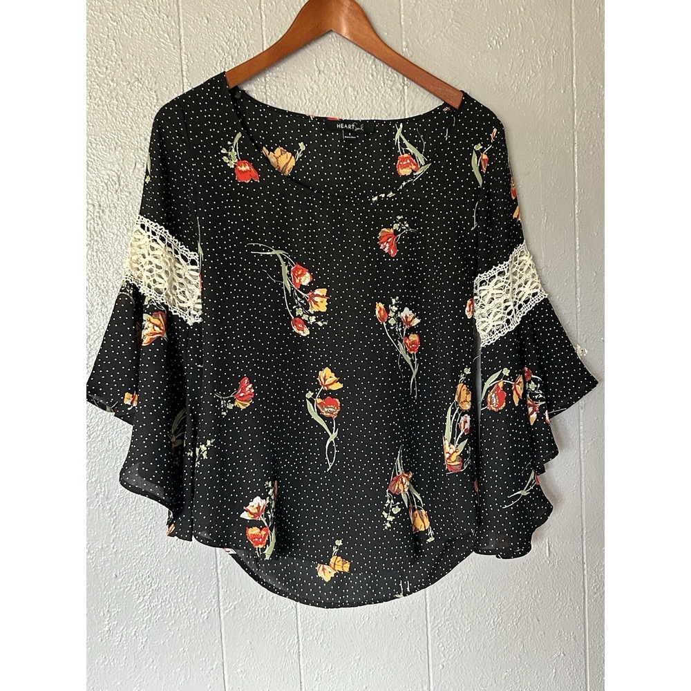 Women's Heart Soul Black Floral Flutter Sleeve Blouse Size S Romantic Whimsigoth